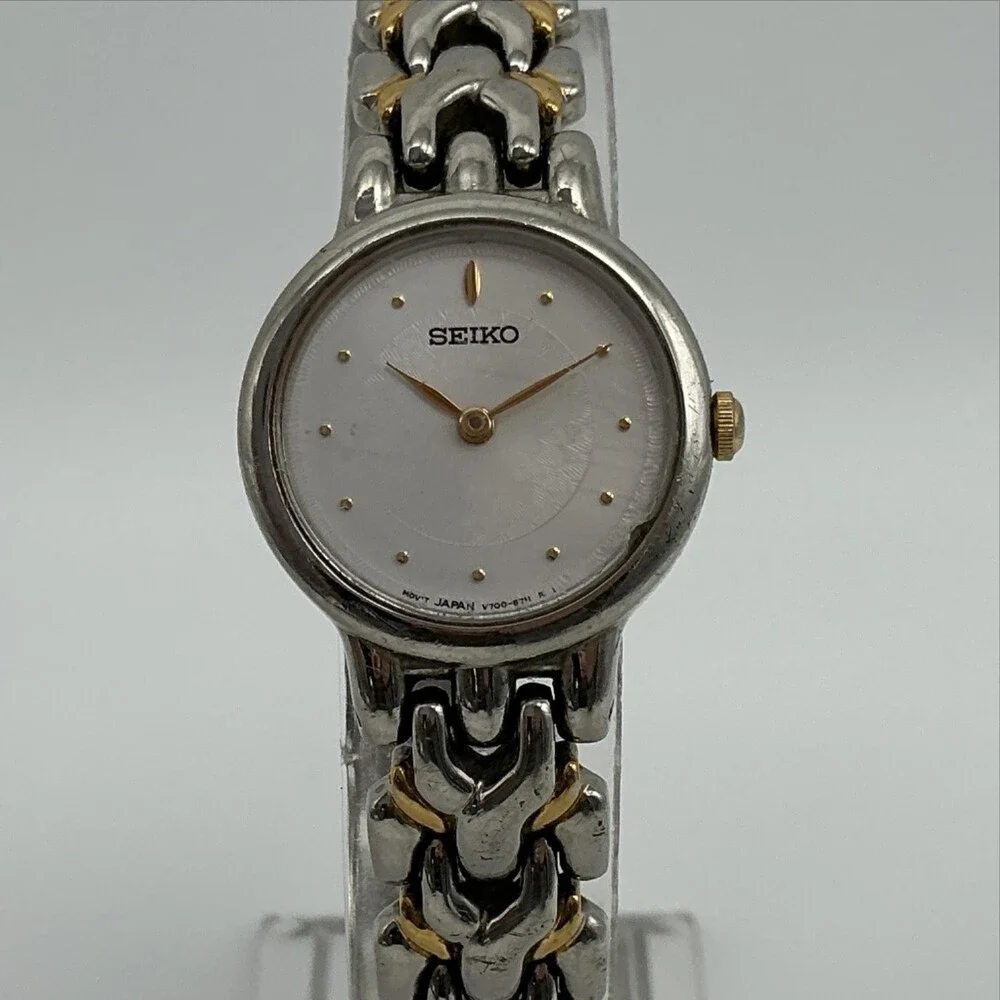 Seiko Womens Watch 24mm White Dial Silver Tone Bracelet V700-6399 New Battery 7